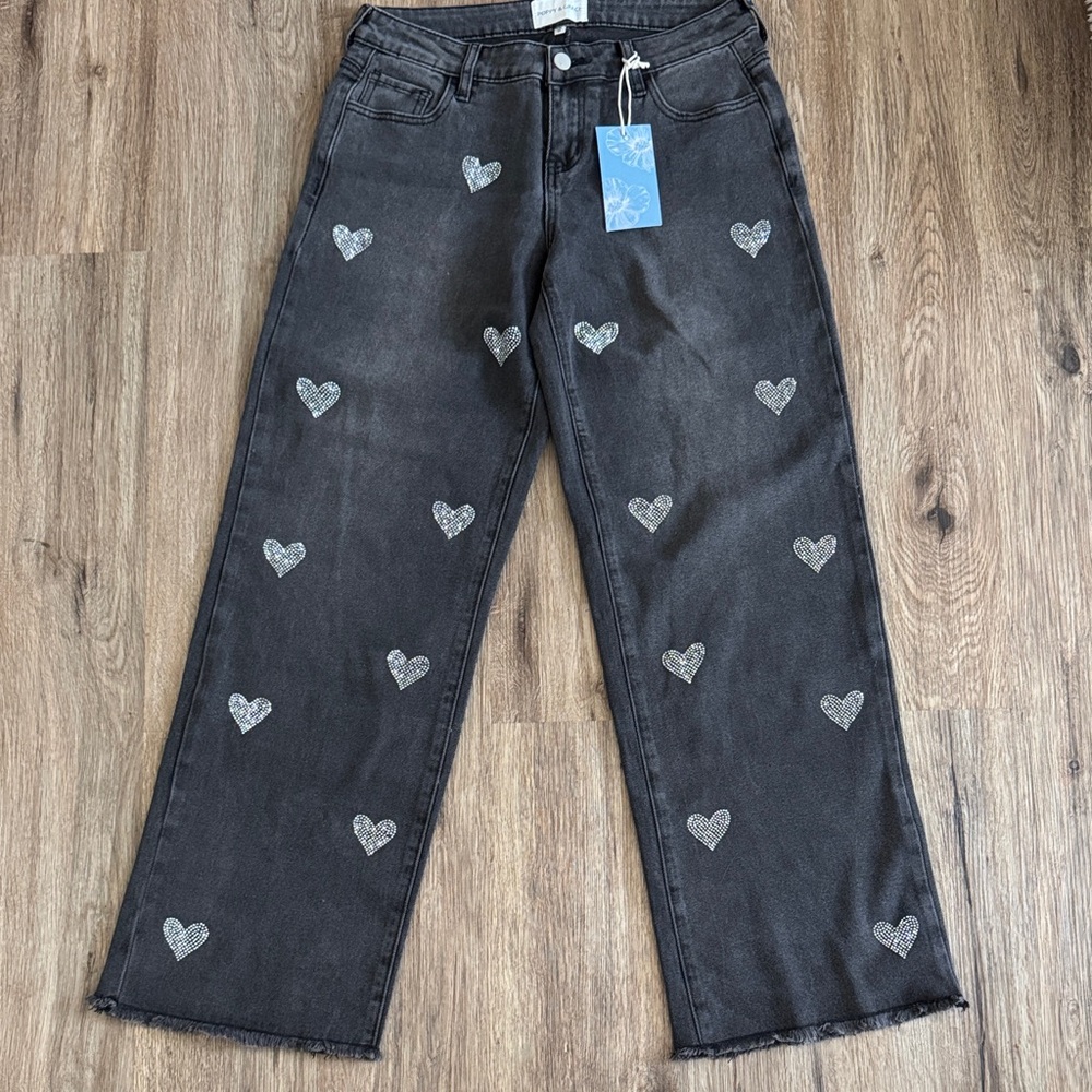 Poppy & Grace Chic Black Heart Patterned Straight Leg Jeans NWT